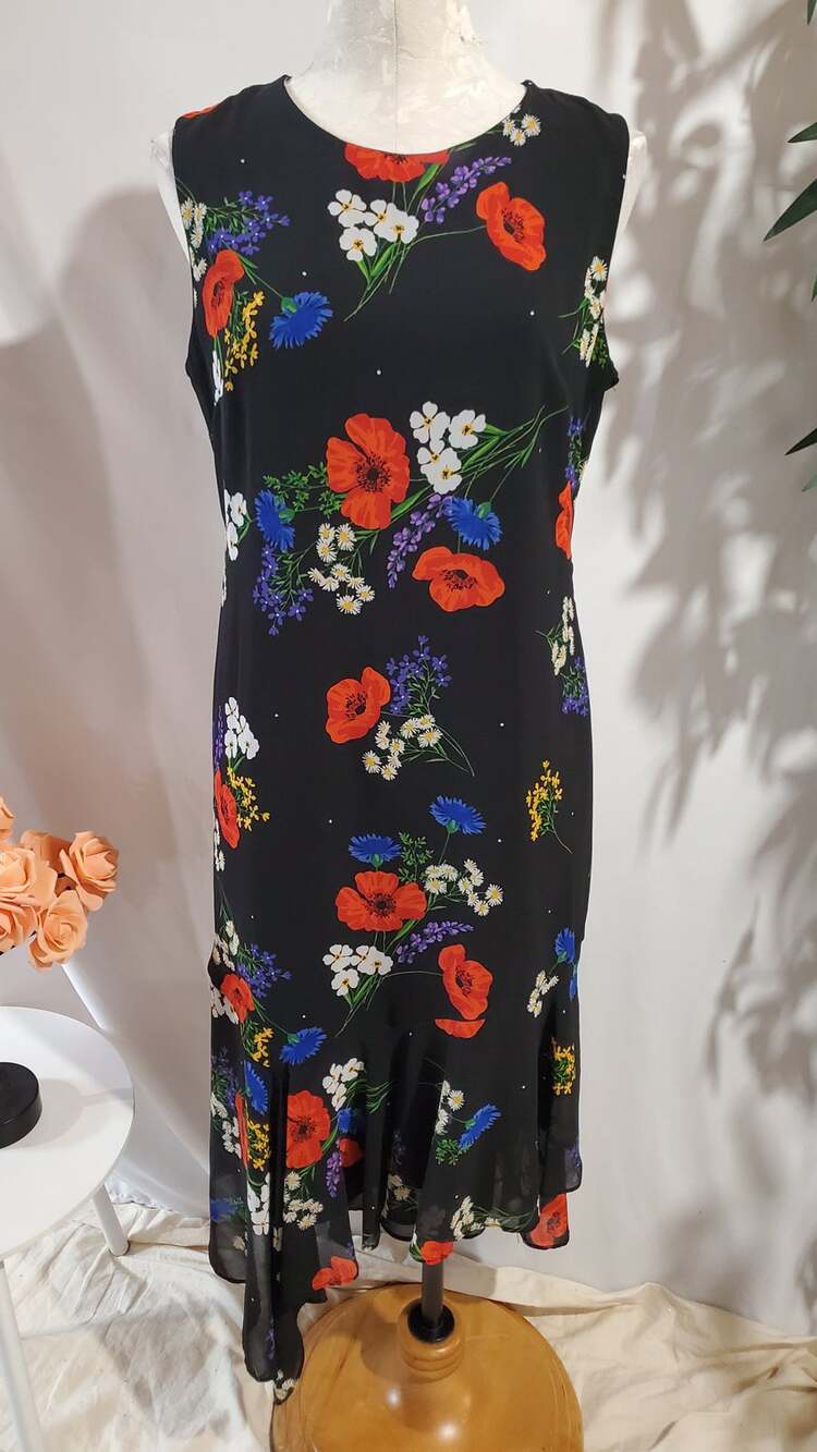 Calvin Klein Floral Chiffon Asymmetrical Ruffle Dress Size 10 Sleeveless Wedding